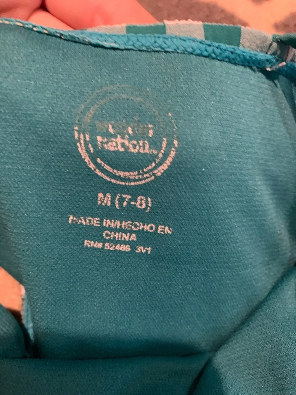 Girls textured seersucker swimsuit with teal and white gingham pattern size 8